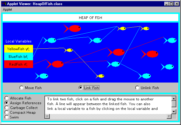 Figure 9-7. The assign references mode of the Heap of Fish applet.